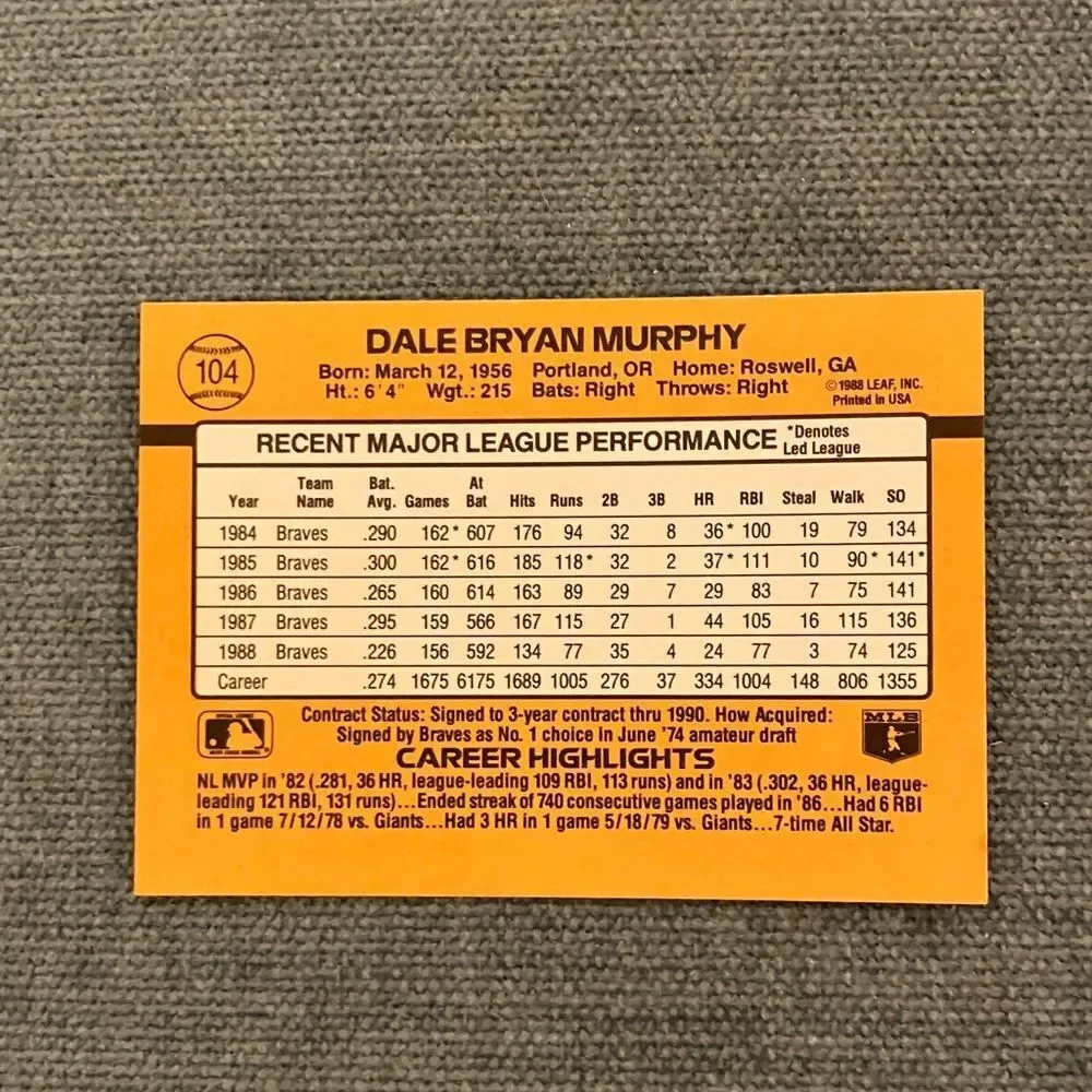 1989 Donruss Atlanta Braves Baseball Card Trading Card